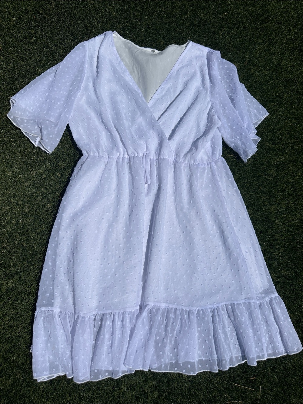 White Swiss Dot Ruffle Hem Wrap Dress